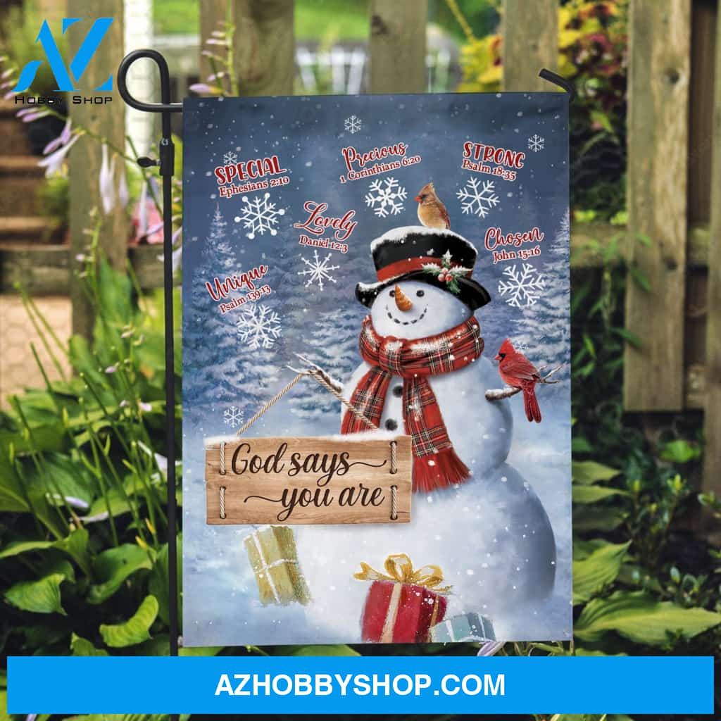 Christmas town, Big snowman, Winter forest, God says you are unique - Jesus Flag