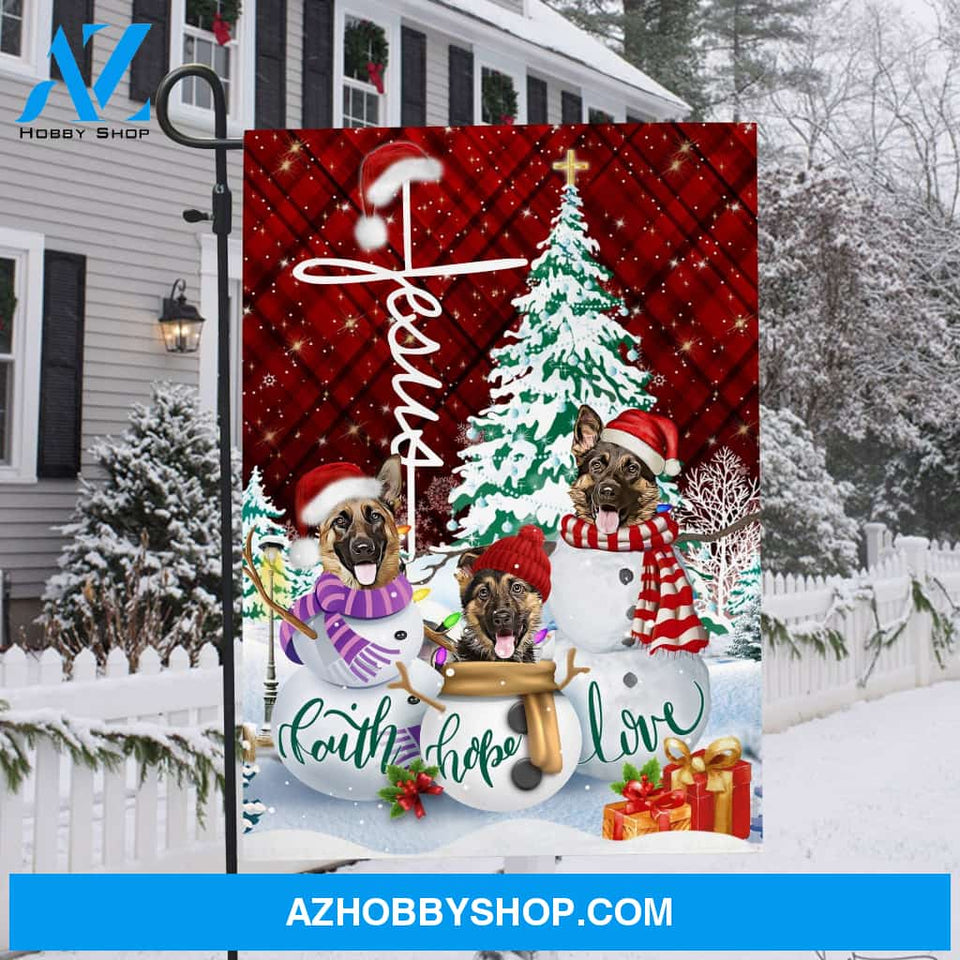 Christmas tree, German shepherd dog, Winter painting, Faith Love Hope - Jesus Flag
