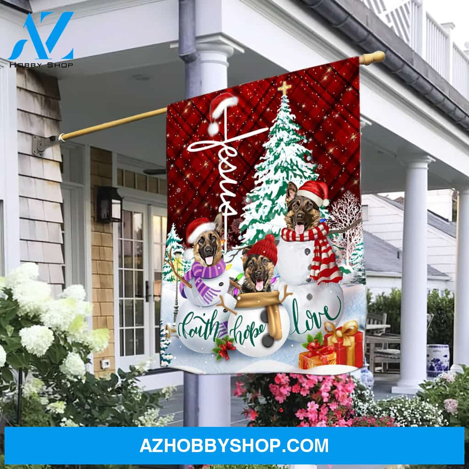 Christmas tree, German shepherd dog, Winter painting, Faith Love Hope - Jesus Flag