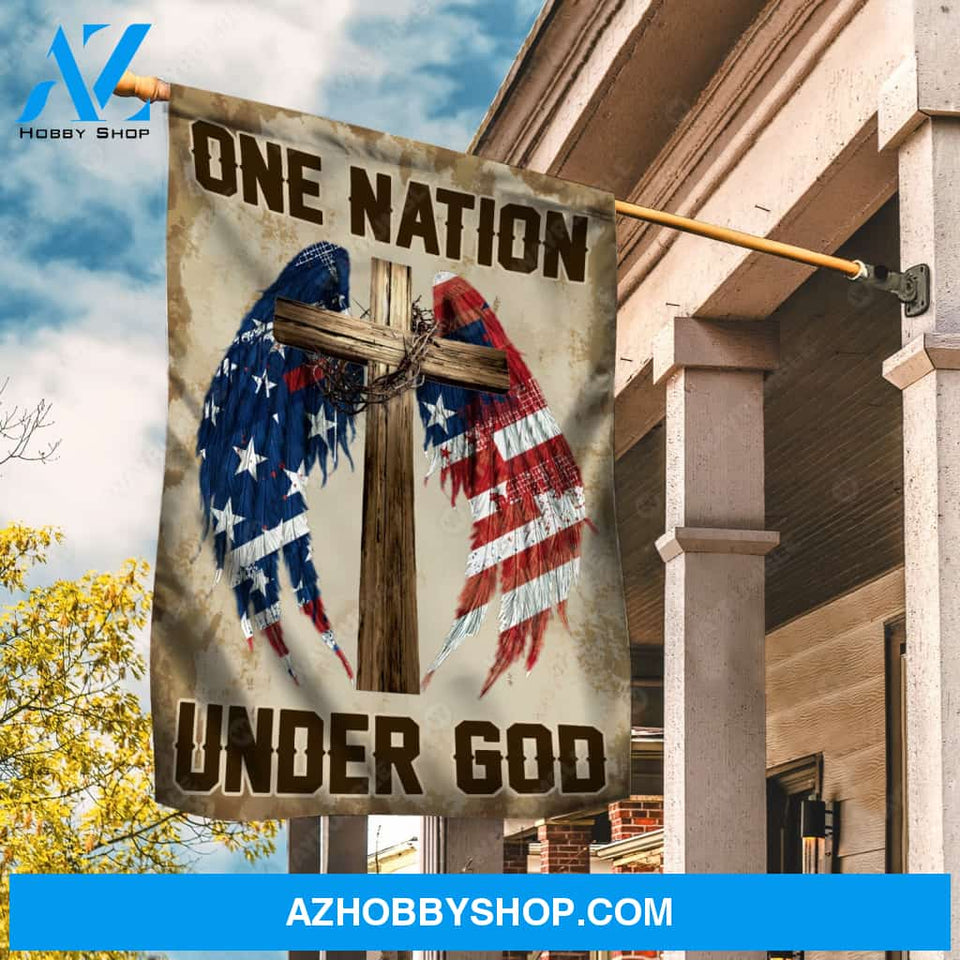 Colorful angel wings, Wooden cross, Crown of thorn, US flag, One nation under God - Jesus Flag