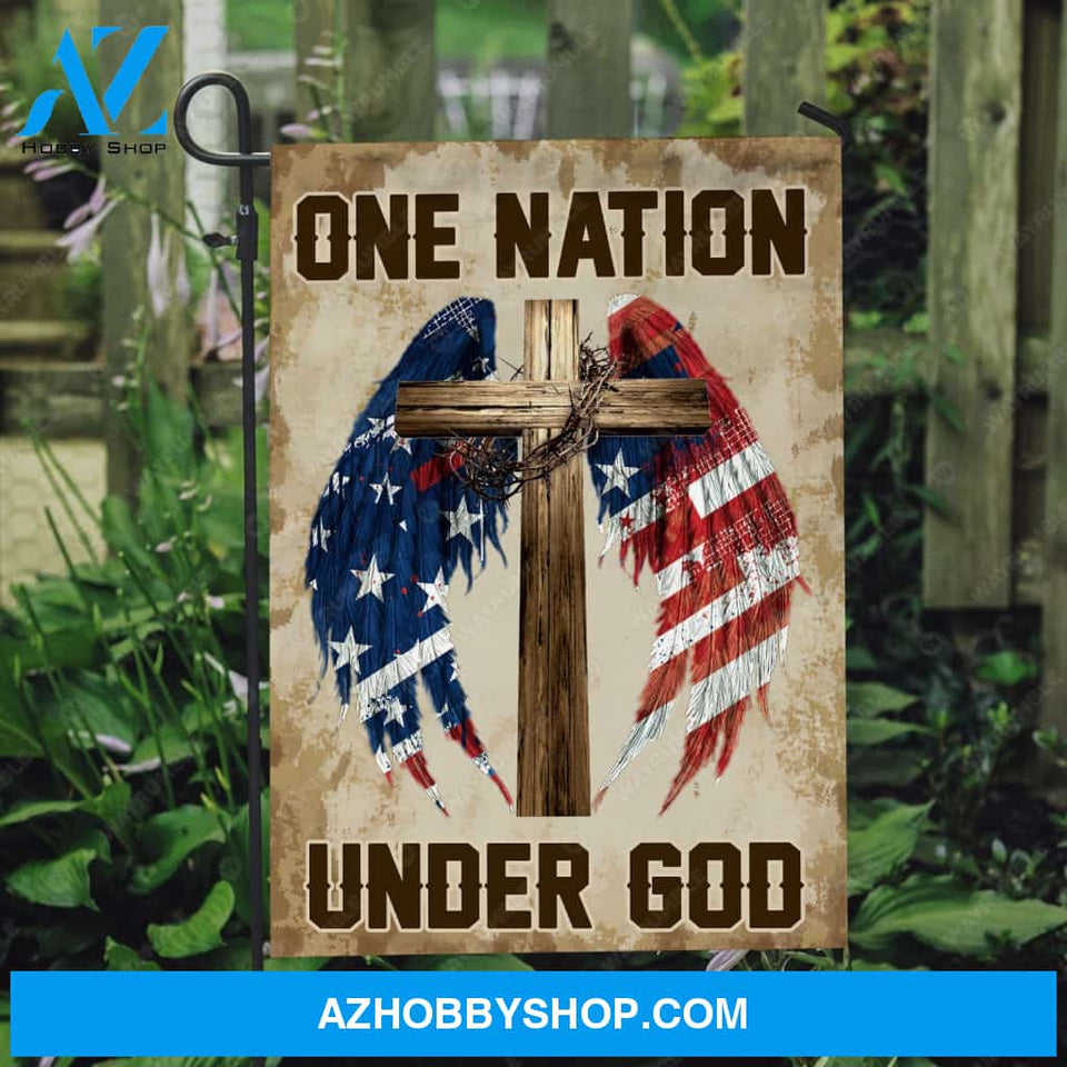 Colorful angel wings, Wooden cross, Crown of thorn, US flag, One nation under God - Jesus Flag