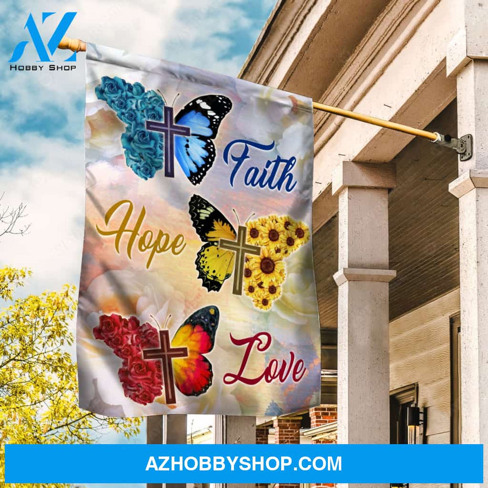 Colorful butterfly, Cross symbol, Rose background, Faith, Hope, Love - Jesus Flag