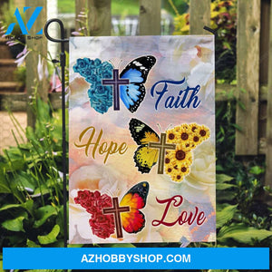 Colorful butterfly, Cross symbol, Rose background, Faith, Hope, Love - Jesus Flag