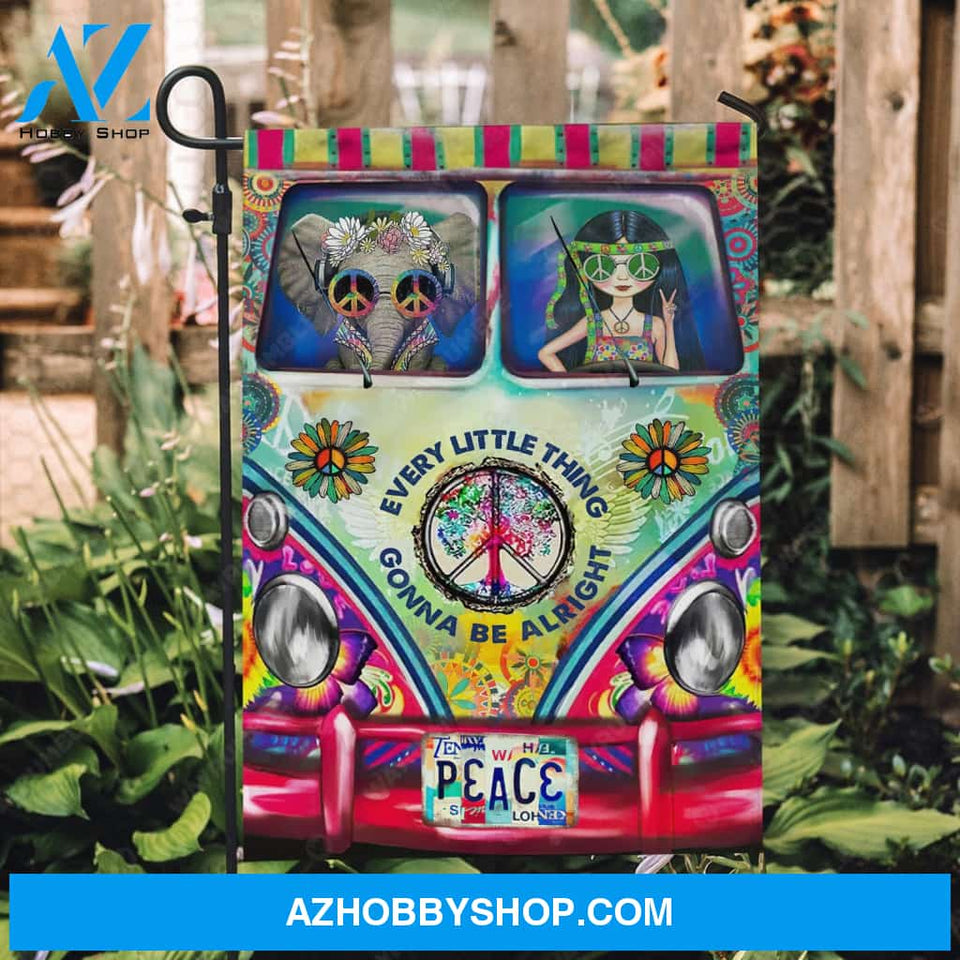 Colorful car, Hippie girl, Cute elephant, Every little thing gonna be alright - Jesus Flag