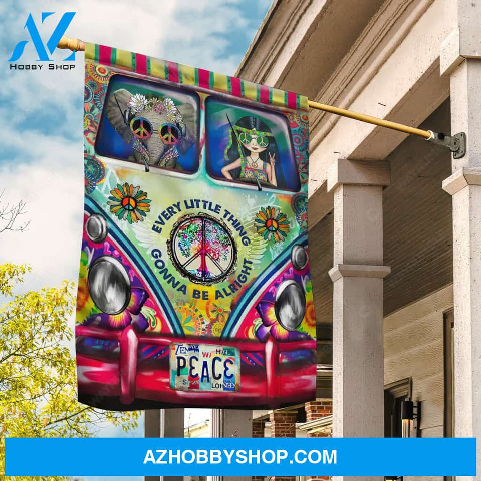 Colorful car, Hippie girl, Cute elephant, Every little thing gonna be alright - Jesus Flag