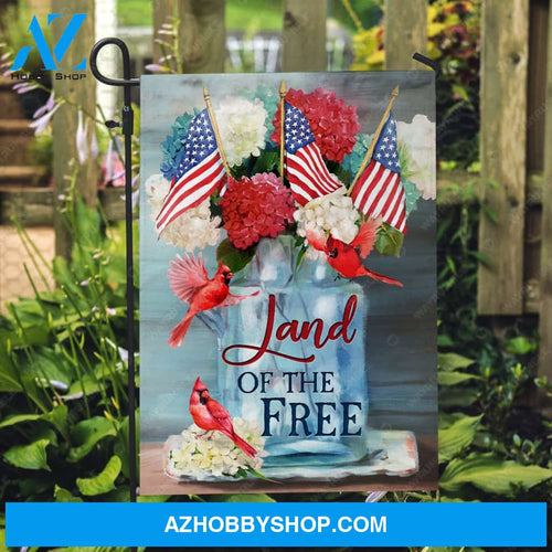 Colorful hydrangea, Lucky cardinal, Small US flag, Land of the free - Jesus Flag