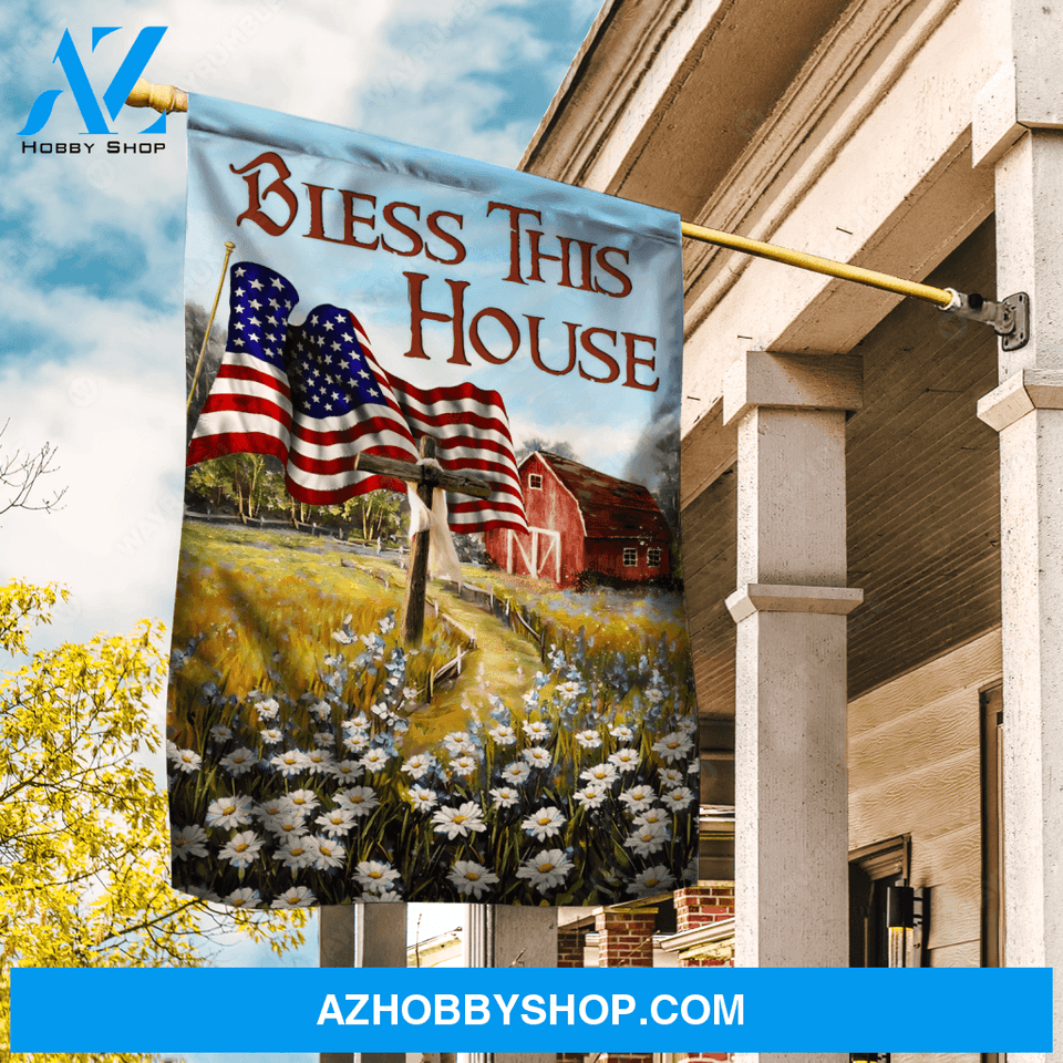 Countryside painting, US flag, Daisy field, Bless this house - Jesus Flag