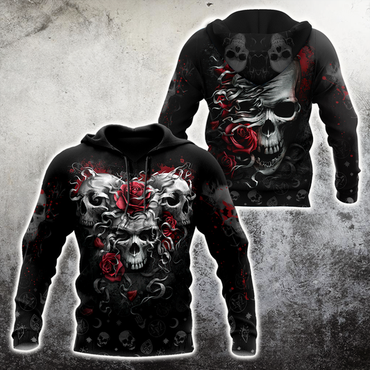Unisex Hoodie All Over Print Skull Gifts Heart Of Roses Skull Unisex Hoodie
