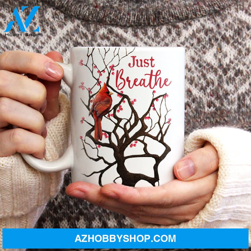 Cranberry tree, Big red cardinal, Winter painting, Just breathe - Heaven White Mug