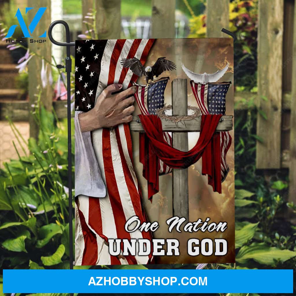 Cross symbol, Crown of thorns, Jesus hand, Black and white eagle, US Flag, One nation under God - Jesus Flag