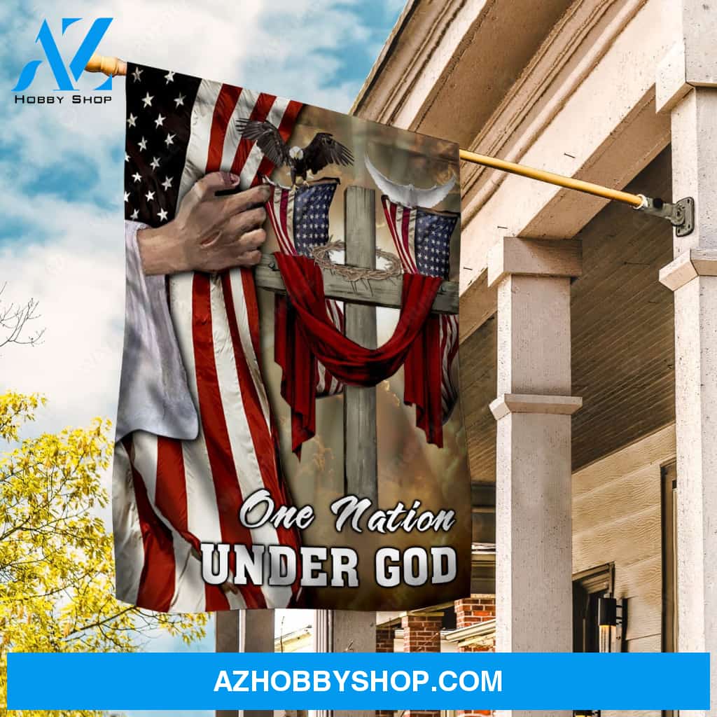 Cross symbol, Crown of thorns, Jesus hand, Black and white eagle, US Flag, One nation under God - Jesus Flag