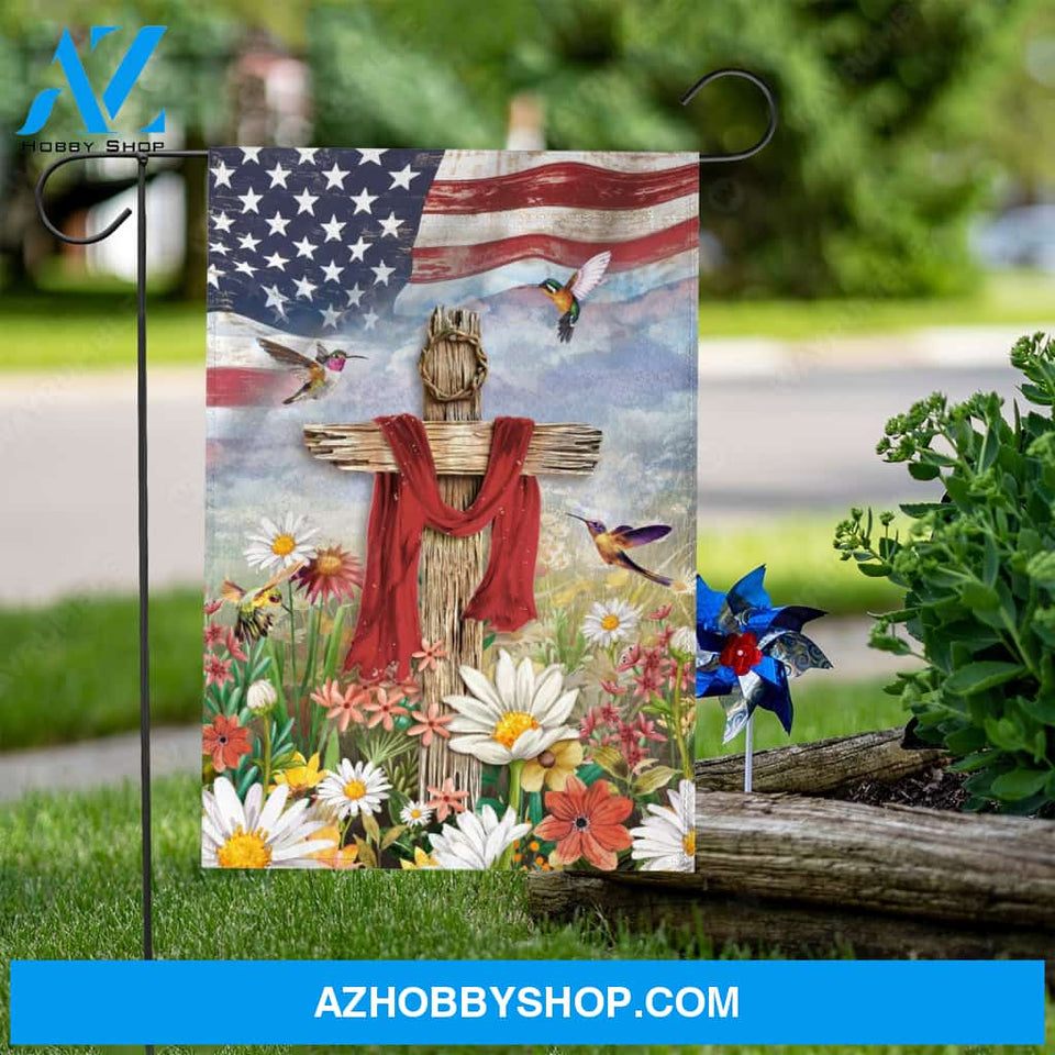 Cross symbol, Hummingbird drawing, Colorful flower, US flag - Jesus Flag