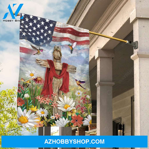 Cross symbol, Hummingbird drawing, Colorful flower, US flag - Jesus Flag