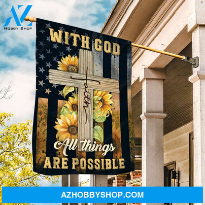 Cross symbol, Sunflower frame, Us flag, With God all things are possible - Jesus Flag