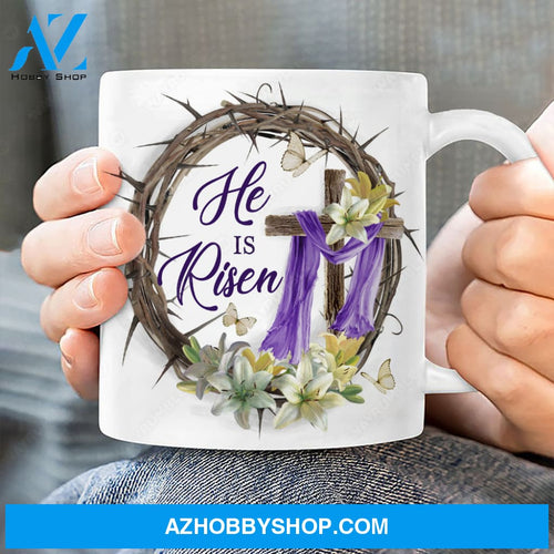 Crown of thorn, Lily flower, Cross symbol, He is risen - Jesus White Mug