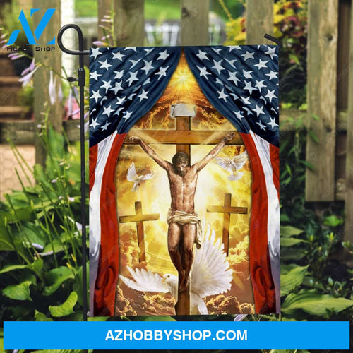 Crucifixion of Jesus, Three crosses, American flag, Holy spirit dove - Jesus Flag