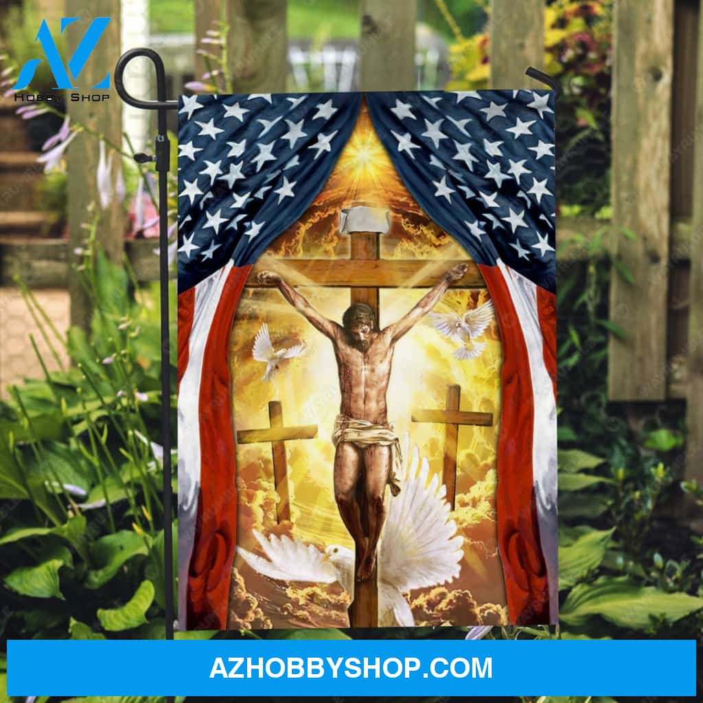 Crucifixion of Jesus, Three crosses, American flag, Holy spirit dove - Jesus Flag