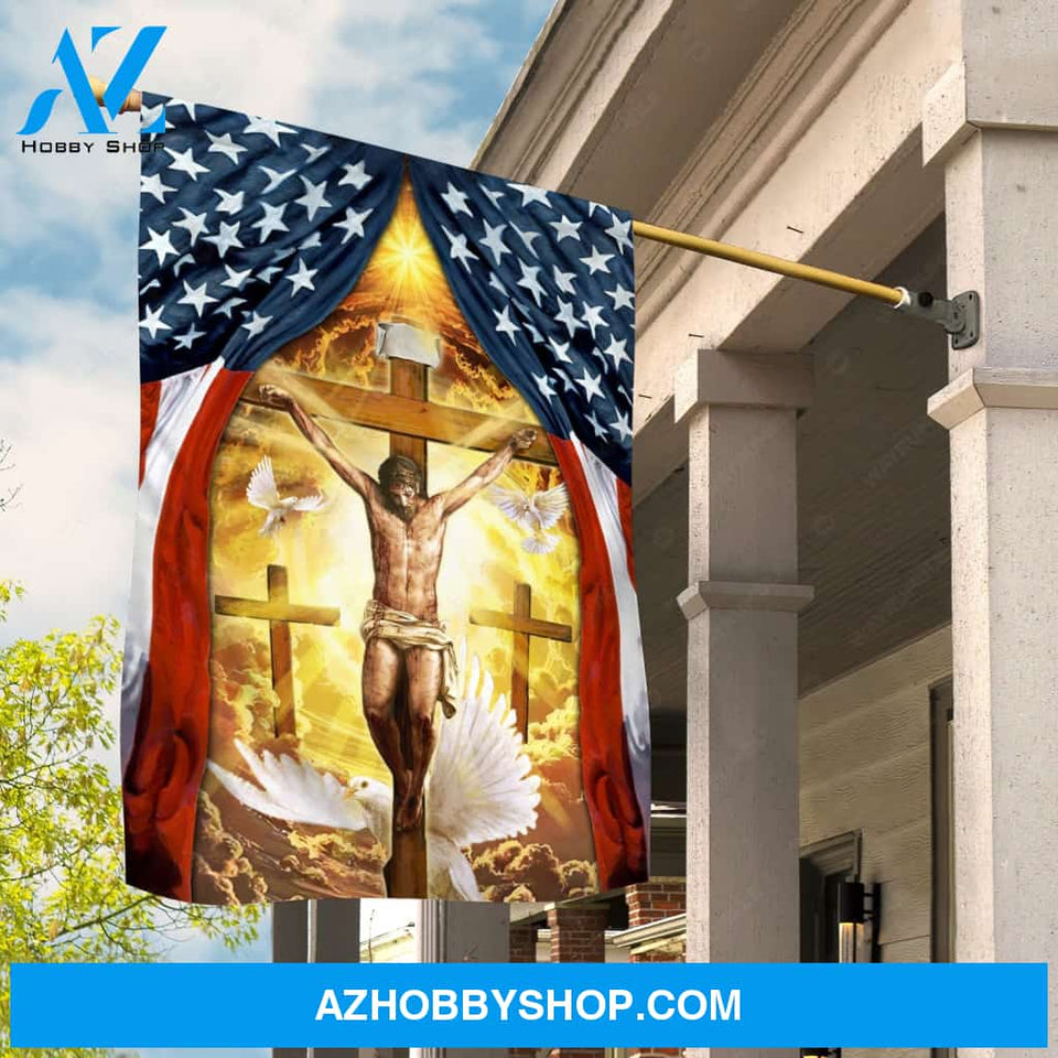Crucifixion of Jesus, Three crosses, American flag, Holy spirit dove - Jesus Flag