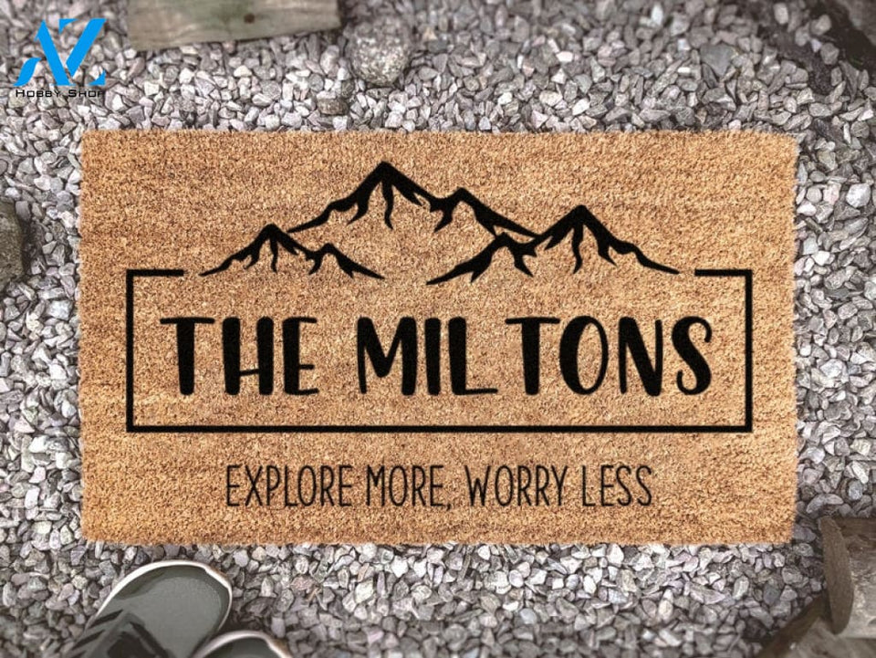 Custom Camping Doormat - Explore More Worry Less - Doormat Personalized - Family Name Mat - Travel Gift - Adventure Time