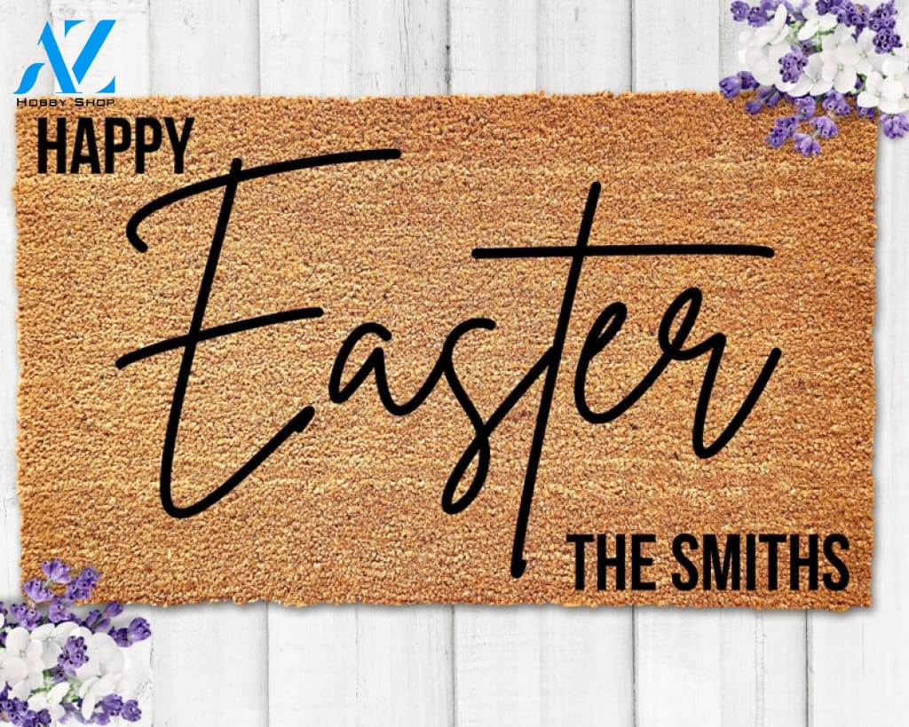 Custom Happy Easter Doormat Family Name Doormat Easter Decor Personalized Door Mat Easter Door Mat Spring Doormat
