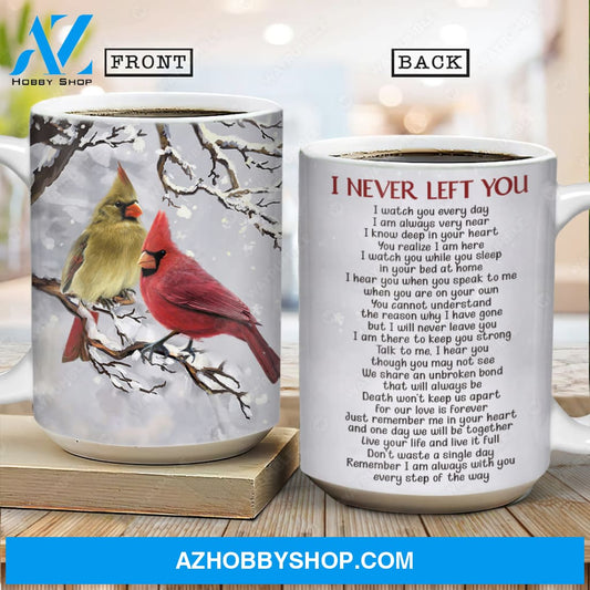 Cute cardinal drawing, White snow, Winter painting, I never left you - Heaven AOP Mug