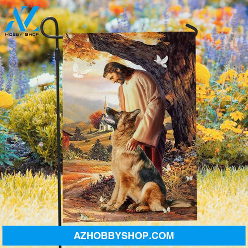 Cute German Shepherd, Autumn forest, White dove, Walking with Jesus - Jesus Flag