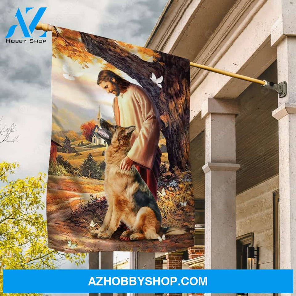 Cute German Shepherd, Autumn forest, White dove, Walking with Jesus - Jesus Flag