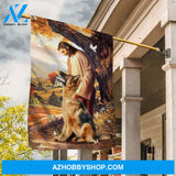 Cute German Shepherd, Autumn forest, White dove, Walking with Jesus - Jesus Flag