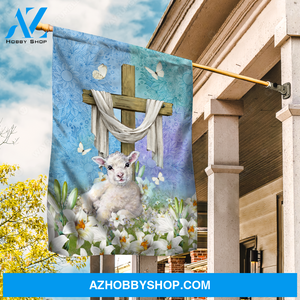 Cute lamb drawing, Lily flower garden, Cross symbol, Butterfly - Jesus Flag