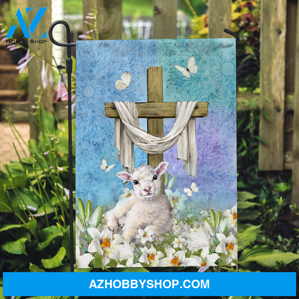 Cute lamb drawing, Lily flower garden, Cross symbol, Butterfly - Jesus Flag