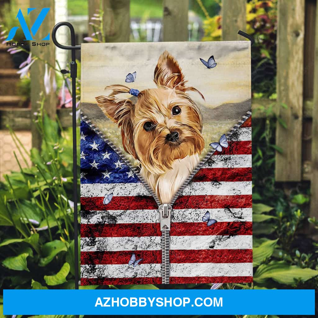 Cute Yorkshire dog, Blue butterfly, US flag - Yorkshire Flag