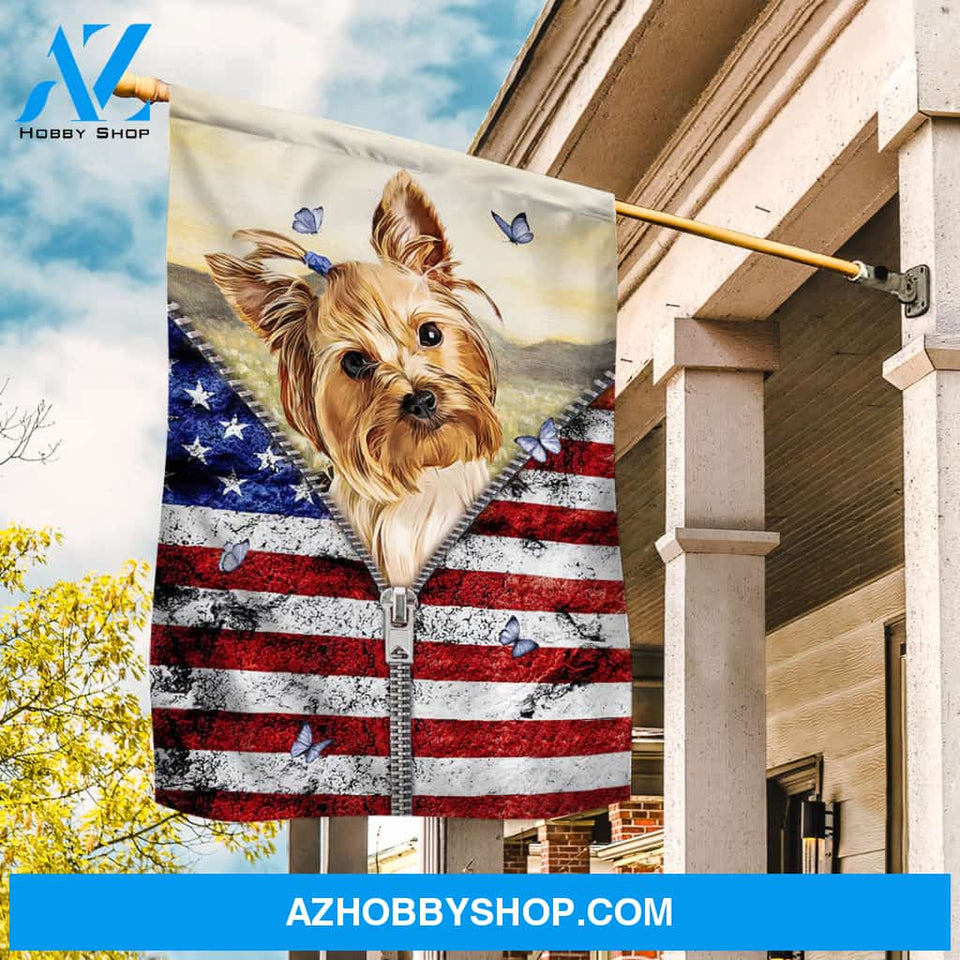 Cute Yorkshire dog, Blue butterfly, US flag - Yorkshire Flag