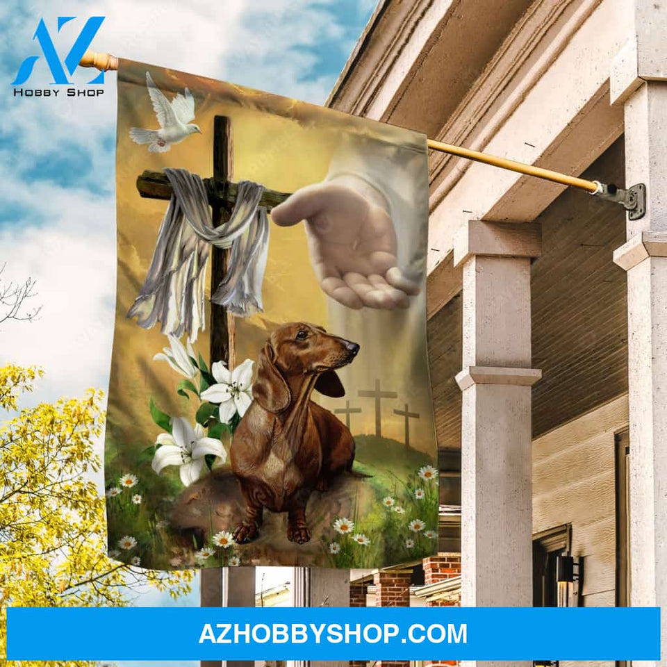 Dachshund dog, Jesus hand, Heaven sky, Easter cross, White lily - Jesus Flag