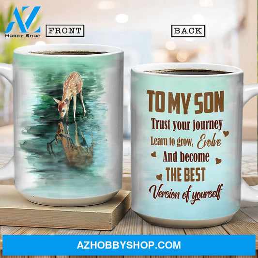 Dad to son, Cute deer drawing, Green background, Become the best version of yourself - Family White Mug
