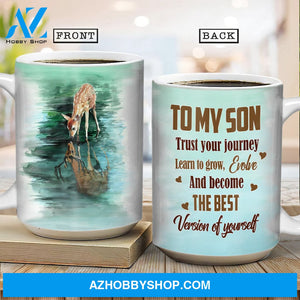 Dad to son, Cute deer drawing, Green background, Become the best version of yourself - Family White Mug