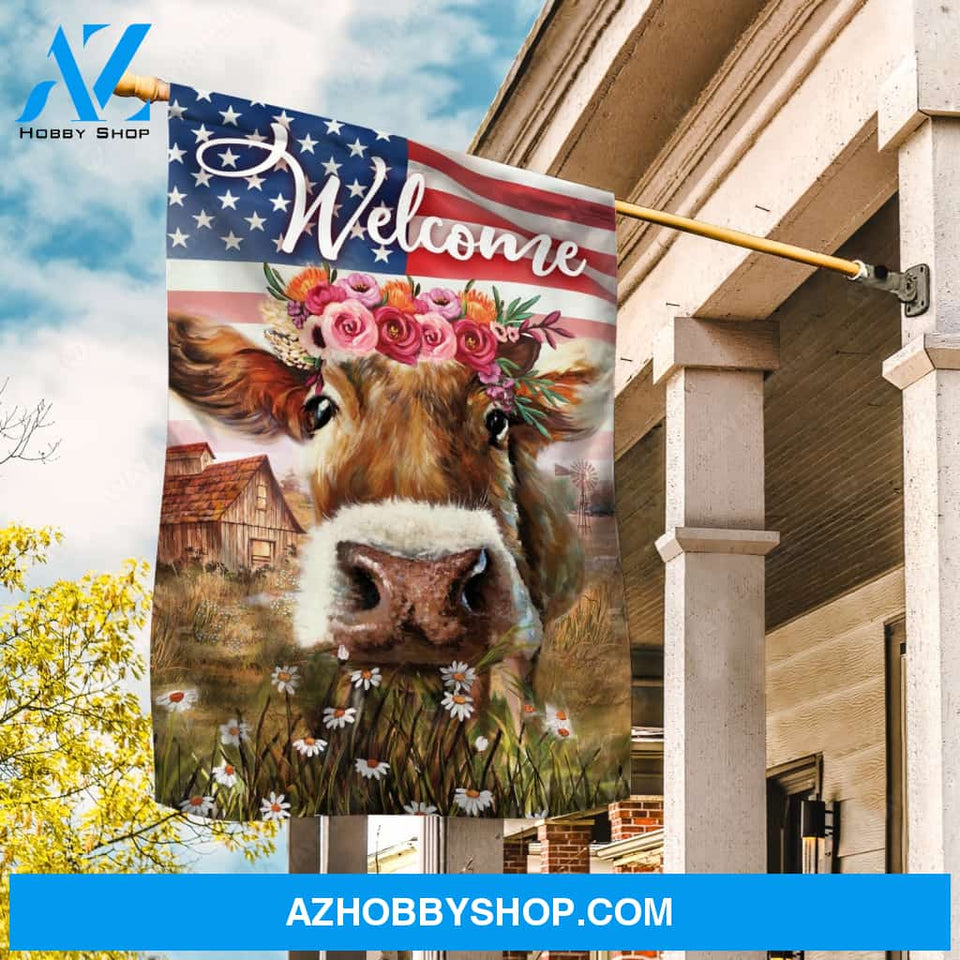 Dairy cow drawing, Beautiful flower wreath, Daisy, Welcome - Cow Flag