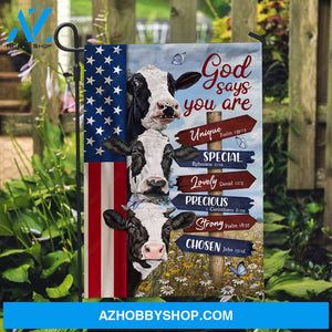 Dairy cow drawing, Daisy field, US flag, God says you are unique - Jesus Flag