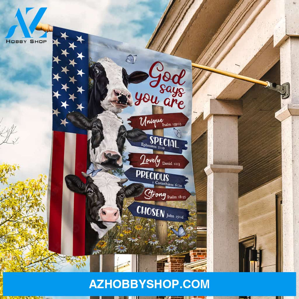 Dairy cow drawing, Daisy field, US flag, God says you are unique - Jesus Flag