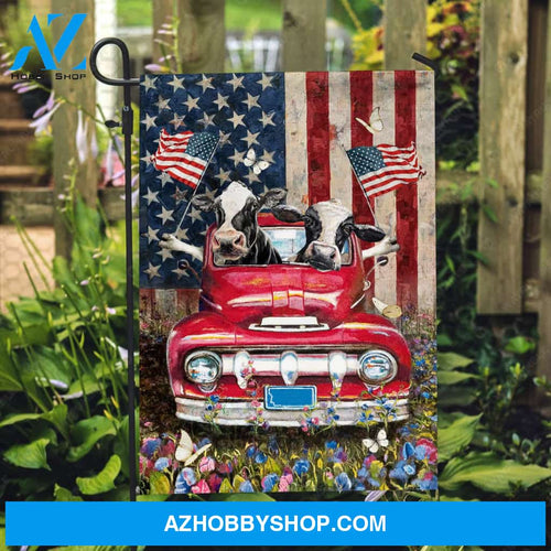 Dairy cows, Red truck, Flower garden, USA flag - Cow Flag