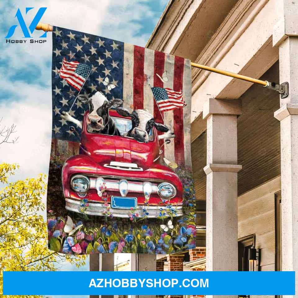 Dairy cows, Red truck, Flower garden, USA flag - Cow Flag