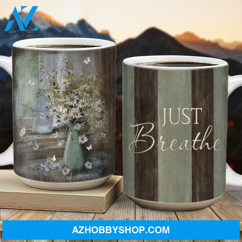 Daisy flower, White butterfly, Antique window, Just breathe - Jesus AOP Mug