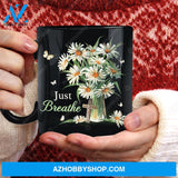 Daisy flower, White butterfly, Small cross, Just breathe - Jesus Black Mug