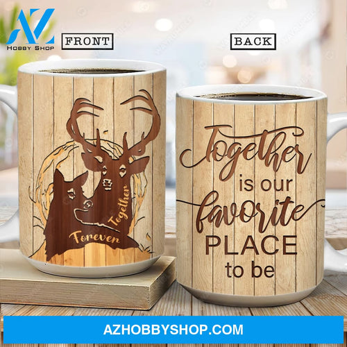 Deer couple, Wooden background, Together is our favorite place - Coupe AOP Mug