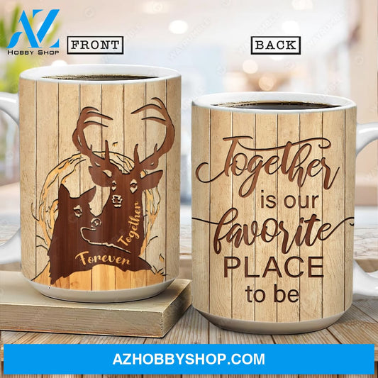 Deer couple, Wooden background, Together is our favorite place - Coupe AOP Mug