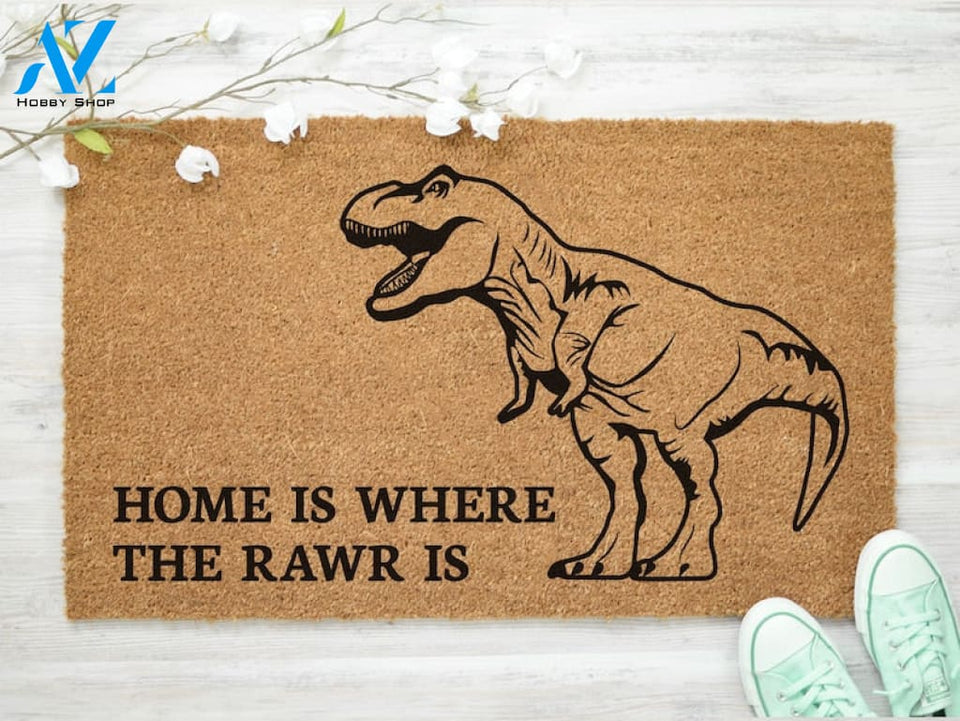 Dinosaur T-Rex Home is Where The Rawr Is Doormat - Funny Doormat - Welcome Mat - Custom Doormat - Door Mat -