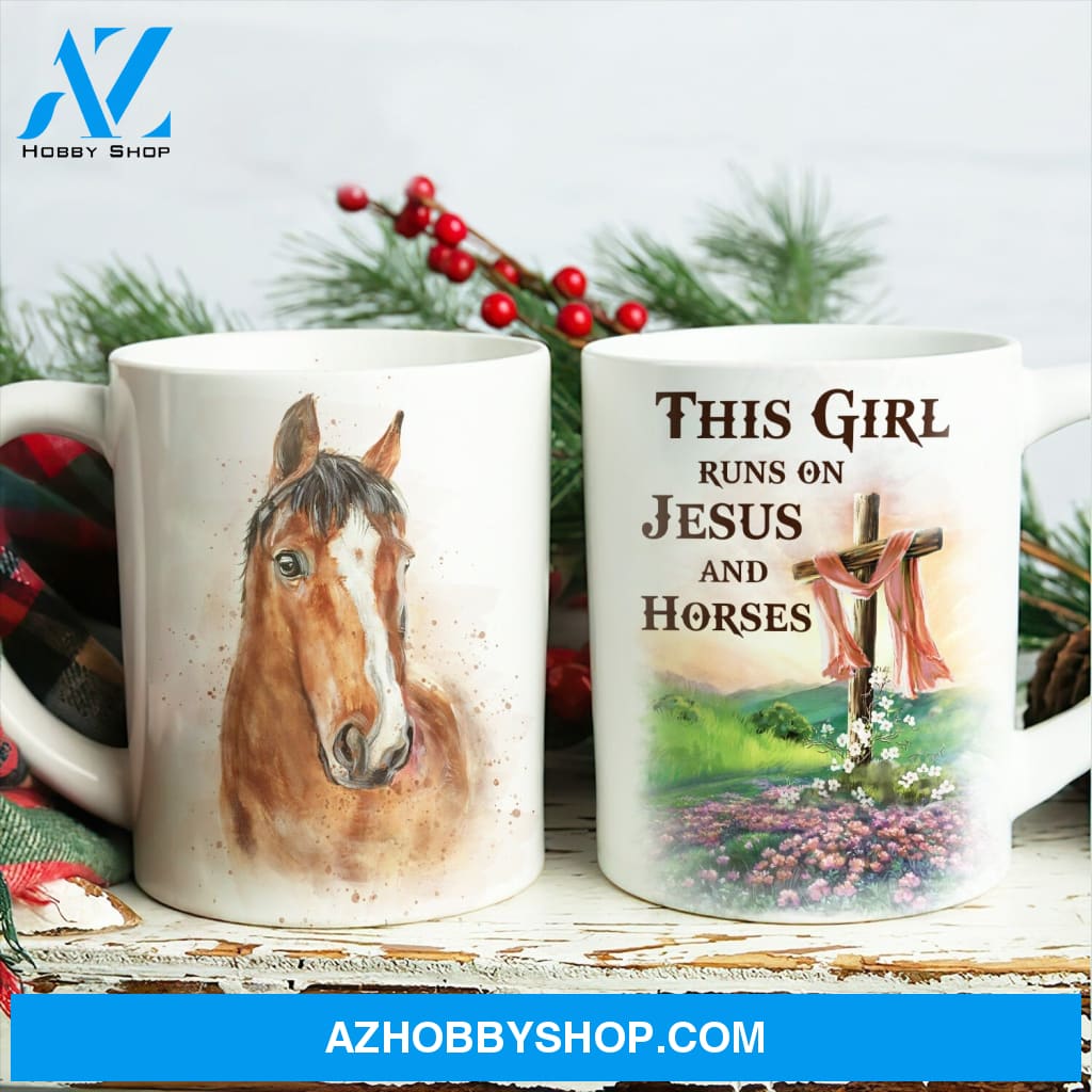 Dream horse, Green meadow, Wooden cross, This girl runs on Jesus and horses - Jesus White Mug