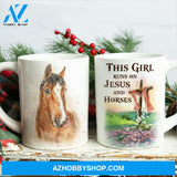 Dream horse, Green meadow, Wooden cross, This girl runs on Jesus and horses - Jesus White Mug