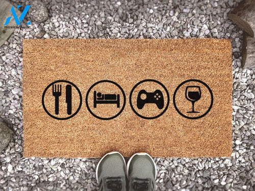 Eat Sleep Game Wine Symbol Doormat - Welcome Mat - Funny Gift - Coir Doormat