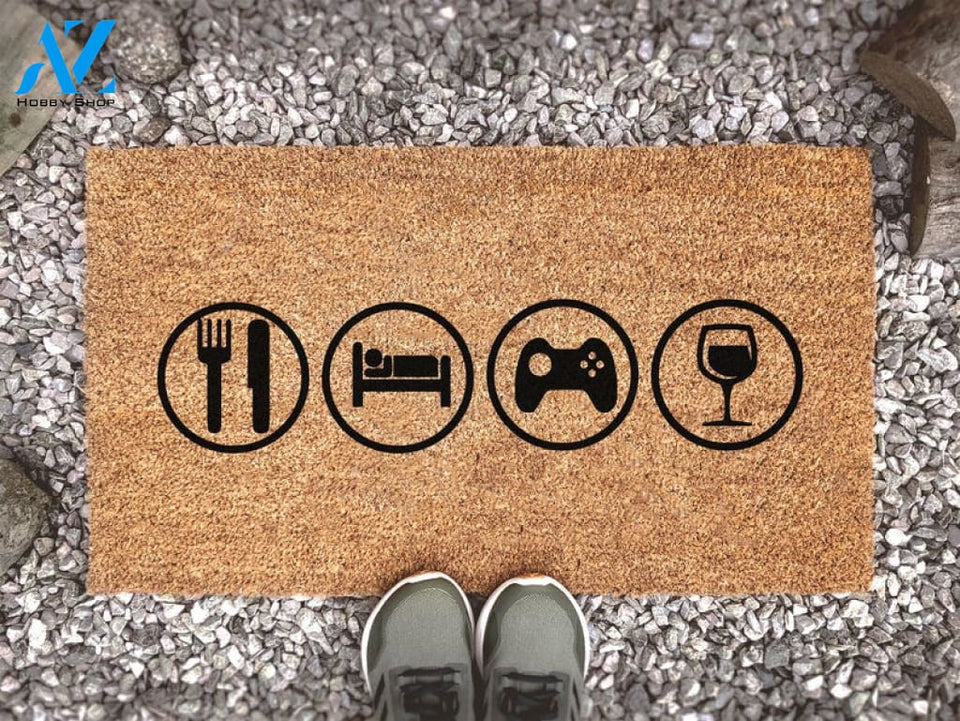 Eat Sleep Game Wine Symbol Doormat - Welcome Mat - Funny Gift - Coir Doormat
