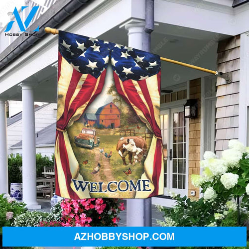 Farm painting, Dairy cow, Green meadow land, US flag, Welcome - Jesus Flag